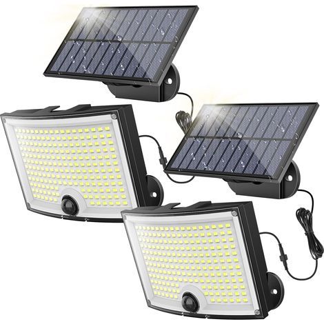 Luz solar exterior con sensor de movimiento 【202 LED  3 modos  Ángulo de haz de 210°  IP65】 Luz solar exterior  Foco LED exterior  Proyector LED exterior  Paquete de 2