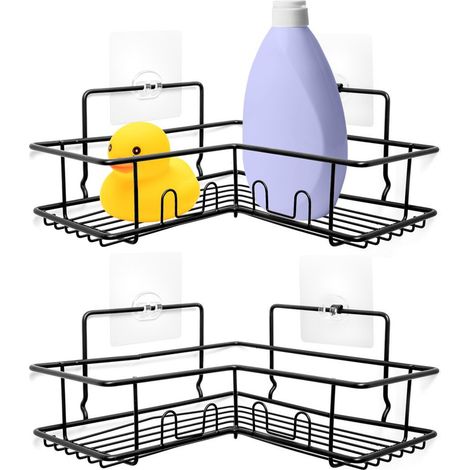 Eckregal fürs Badezimmer, an die Dusche geklebt, Metall, schwarz, 2er-Set.