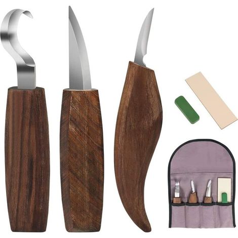 Holzschnitzwerkzeug-Set – Schnitzmeißel – Schnitzmesser – Schnitzhaken – Anspitzer – Schnittfeste Handschuhe – 6-teilig (1/5)