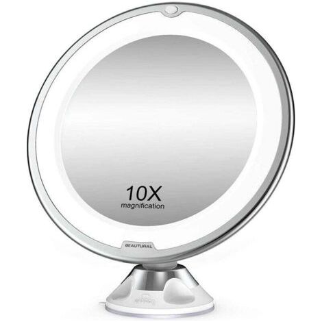 Miroir de maquillage LED 10x avec une articulation universelle, réglable à 360°, portable, adapté à une utilisation dans la salle de bain/en voyage. (1/5)