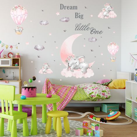 Stickers muraux éléphant « Rêve en grand, petit ange », lune rose, montgolfière et étoiles grises pour la décoration de la chambre d'enfant, du salon et de la maison. (1/4)