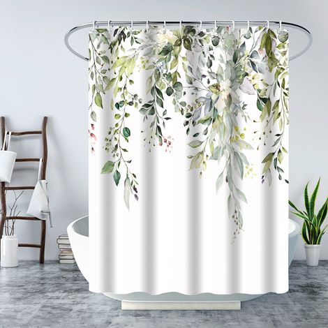 Rideau de douche floral vert 180 x 180 cm avec 12 crochets, imperméable, polysilicium, lavable en machine, séchage rapide, pour baignoire ou salle de (1/5)