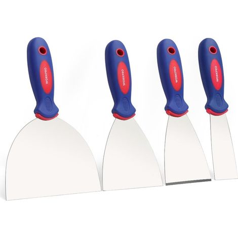 Workpro – Couteau à enduire en acier inoxydable – Lot de 4 spatules 38, 75, 100, 150mm – Flexible et antirouille – Poignée ergonomique