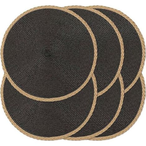 Lot de 6 sets de table ronds noirs, tissés à la main, antidérapants, adaptés à l'intérieur et à l'extérieur (1/5)