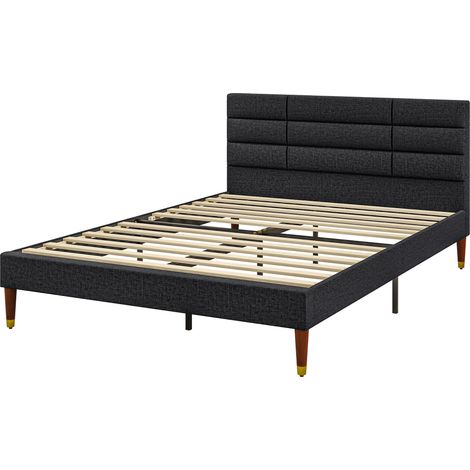 Cadre de lit double 2 personnes avec sommier à lattes et tête de lit capitonnée compatible matelas 140 x 200 cm noir