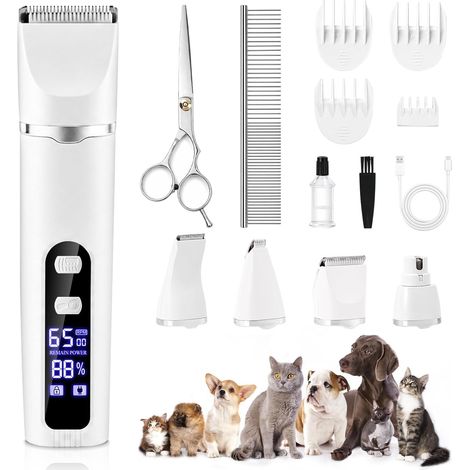 4 in 1 Dog Clippers, Cat Clippers, Dog Grooming Kit, Silent Shaver for Cats with 4 Multifunctional Cutting Heads, LED Screen, for Paws, Ears and Face of Cats and Dogs (1/5)