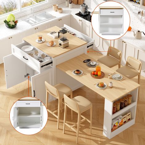 Table de bar 133-202x70x93.5cm - avec 2 tiroirs et 2 compartiments - pour 2 à 6 personne - étagères latérales - blanc (1/5)