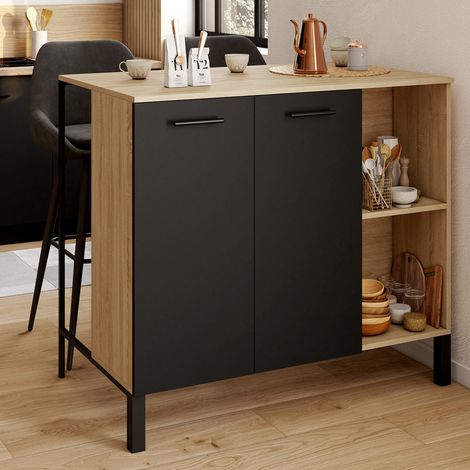 Mesa de bar de isla CINA de 100 cm en madera negra con tablero de aspecto haya (1/5)