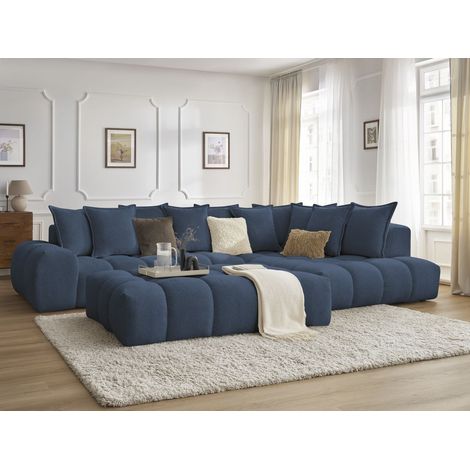 BOBOCHIC - Canapé d'angle fixe EVEREST tissu chiné avec pouf Angle droit Bleu foncé (1/5)