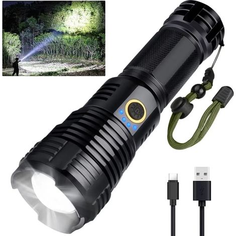 Torche LED Rechargeable USB 90000 Lumens, XHP70 Focus Variable, Lampe de Poche Étanche Super Puissante, 5 Modes avec Jauge de Batterie (1/4)
