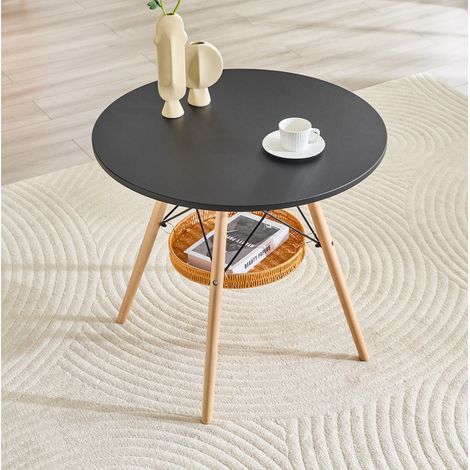 Table à manger ronde Ø80 cm avec plateau noir en MDF, pieds en bois massif et panier de rangement tressé suspendu (1/5)