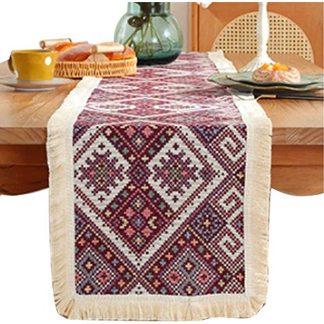 Runner De Table - Coton Et Lin Épais - Finition Jacquard Couleur - Dentelle À Pointes - Pour Table À Manger Café Ou Thé - 1 Pièce (1/5)