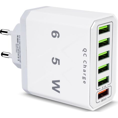 USB Charger, 65W 6-Port Fast Charger QC 3.0 Fast Charger, Multiple USB Outlets, Power Adapter for Phones for 15 Pro Max 14 Plus 13 12 11 SE XR, iPad, Samsung (1/5)