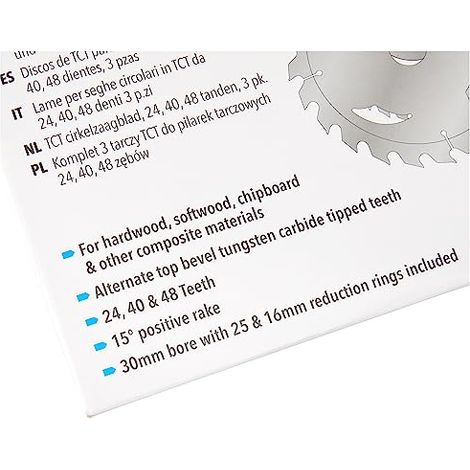 Lame per seghe circolari in TCT da 24, 40, 48 denti 3 p.zi 210 x 30 anelli 25 e 16 mm (1/3)