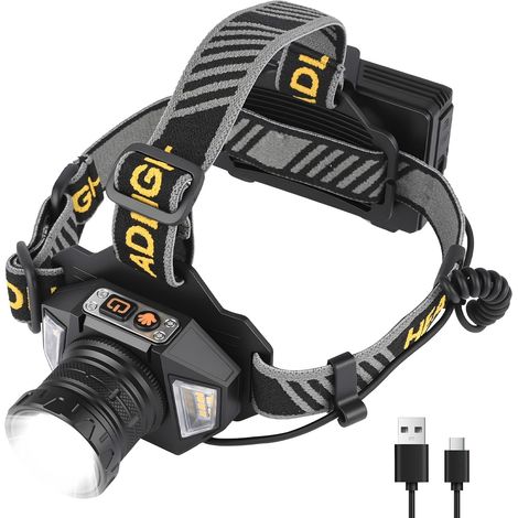 Lampe Frontale Led Ultra Puissante, Rechargeable, Zoomable, Etanche Ip65 avec 8 Modes Déclairage, Réglable à 90° pour Le Camping, La Pêche (1/5)