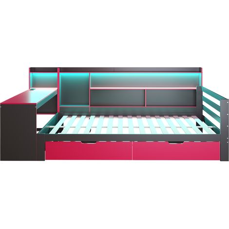 Lit banquette 140 x 200 cm en bois, bureau, étagères, tiroirs, LED, prises, noir et rouge (1/5)