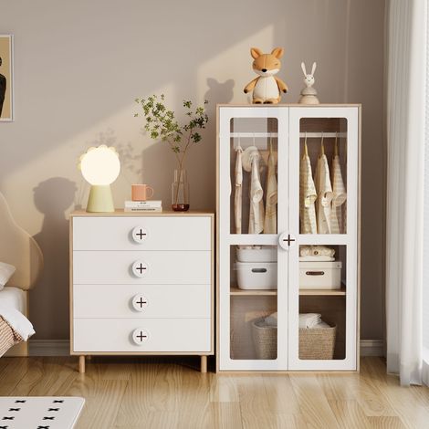 Kleiderschrank für Kinder aus MDF in Weiß/Natur, mit Acryltüren, Kleiderstange und höhenverstellbaren Einlegeböden, 80x50x150 cm (1/5)