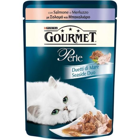 gourmet perle, alimento umido per gatto, duetti di mare con salmone e merluzzo. (1/5)
