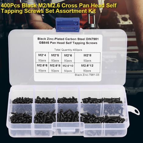 Ensemble 400 vis autotaraudeuses noires M2/M2.6 tête fraisée cruciforme, kit d'assortiment pour réparations et bricolage (1/5)