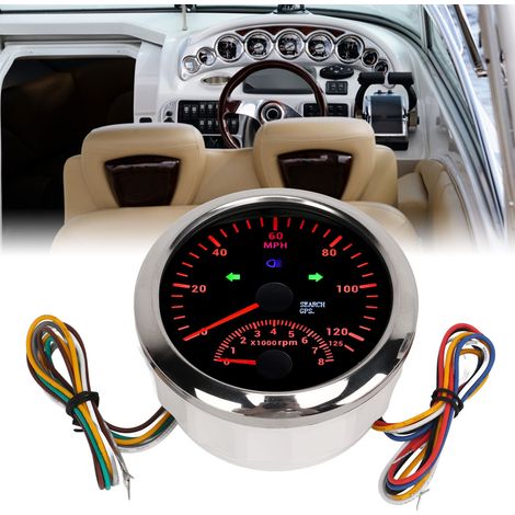 85 mm (3 3/8 Zoll) DC9–32 V Marine-GPS-Tachometer mit Drehzahlmesser (8000 U/min) und Blinkern, kompatibel mit Marine-ATVs. Silberfarbenes Gehäuse, schwarzes Zifferblatt. (1/5)