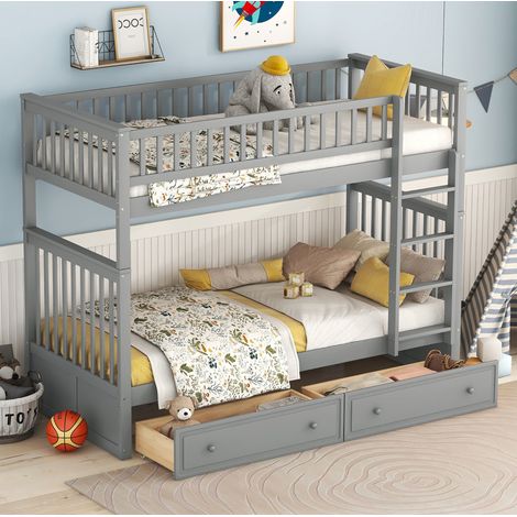 Letto a castello in legno di pino grigio 90x200 cm trasformabile con 2 cassetti (1/5)