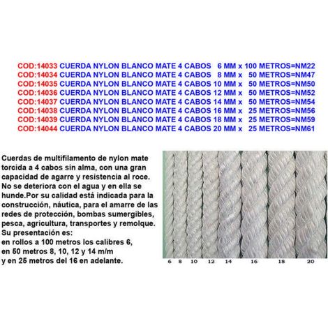 Corda in nylon bianco opaco 4 trefoli 16 mm x 25 metri NM56