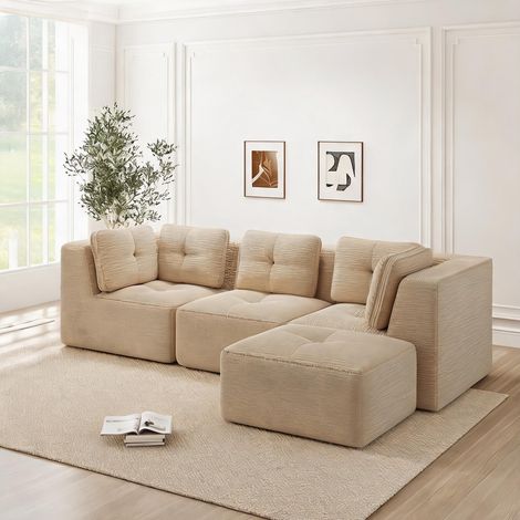 Canapé d'angle réversible en tissu côtelé beige chaud 3 modules (1/5)