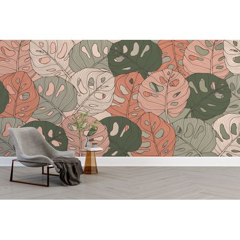 Papier peint nature - tapis de feuilles exotiques marron et vert - 150 x 250 cm (1/2)