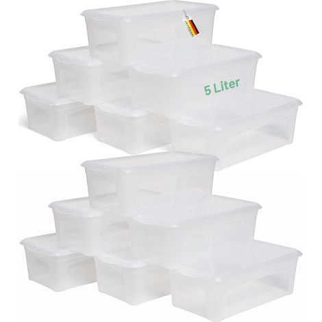 Lot 12 boîtes rangement 5 L, transparent, clip, sans BPA, 34x19x11 cm