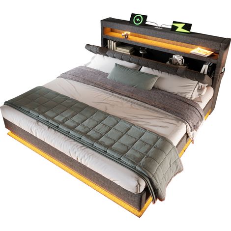 Lit double 160x200 cm avec tête de lit de rangement, LED RGB pilotées par appli, USB et USB-C, coffre hydraulique, structure en métal et tissu, gris – CHICFURN (1/5)