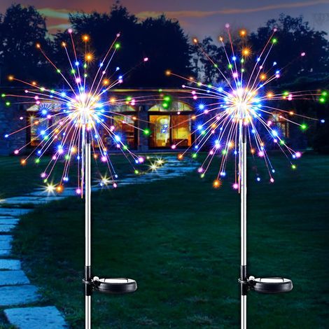 Luces solares para exteriores, [juego de 2], 150 LED con efecto fuegos artificiales, 2 modos, ideales para iluminar jardines, vallas y entradas de vehículos (de colores). (1/5)