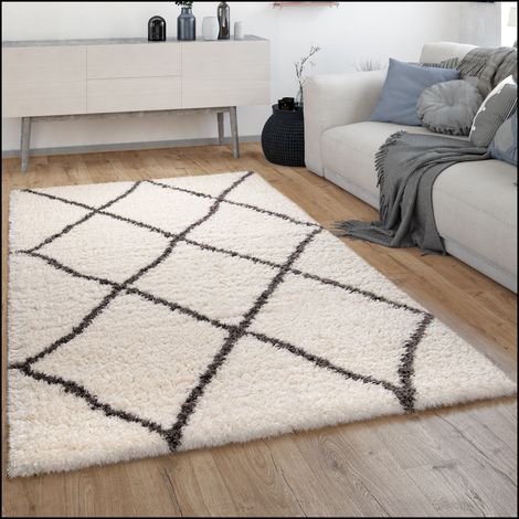 Paco Home Hochflor Teppich Wohnzimmer Shaggy Langflor Skandinavisches Rauten Muster Modern 60x90 cm, Creme 6