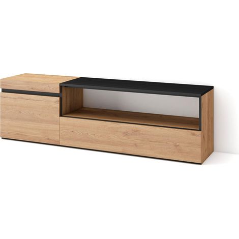 Skraut Home – Meuble TV moderne chêne et noir – Grand espace de rangement 150x35x45cm – Pour TV jusqu'à 65" – Banc télé avec porte rabattable (1/5)
