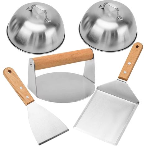 Ensemble de 5 pièces pour Smash Burger en Acier Inoxydable pour plancha à gaz teppanyaki, Ensemble de Smash Burger Comprenant 2 Cloches à Burger, Presse à Burger, spatule pour Gril, spatule (1/5)