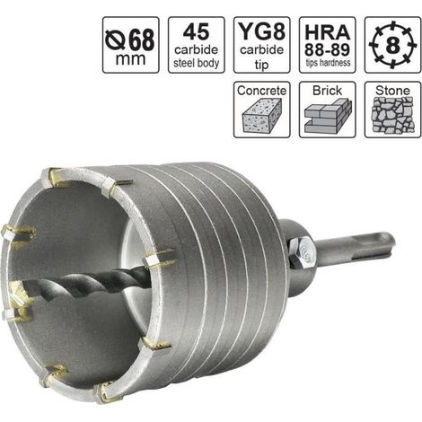 Scie à Cloche Trépan Couronne Carotteuse à Sec Ø 68mm + Adaptateur SDS Plus 110 mm + Foret de Centrage 8x110mm (1/4)