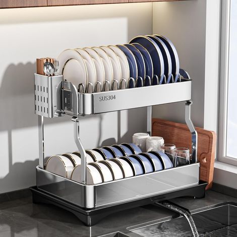 Egoutoire Vaisselle Cuisine, 2 Niveaux égouttoir à Vaisselle INOX sur evier seche Vaisselle egoutoire Vaisselle Dish Drying Rack Plateau à Couverts et Support pour Planche à découper (1/5)