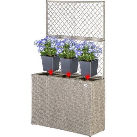 Jardinière bac en polyrotin Crème avec treillis mural pour accroche des plantes (1/5)