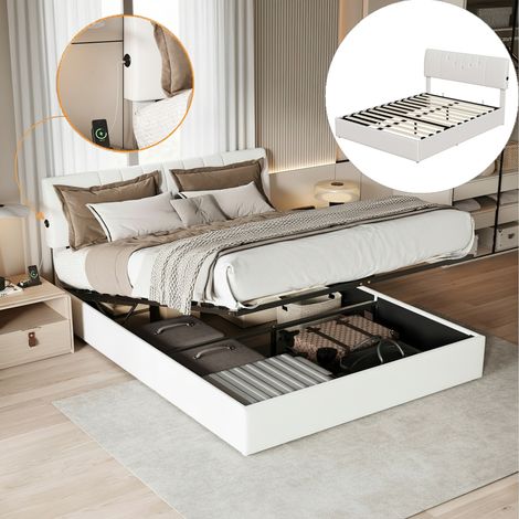Letto contenitore 160x200 cm, 2 posti, letto matrimoniale con spazio di archiviazione, porte di ricarica USB su entrambi i lati, rete a doghe in legno, letto capitonnè in velluto Teddy, design scandin