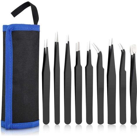 Set di pinzette - Kit per modellismo - Pinzette antistatiche - Kit compatto per riparazioni elettroniche, creazione di gioielli, industria (nero) (1/5)