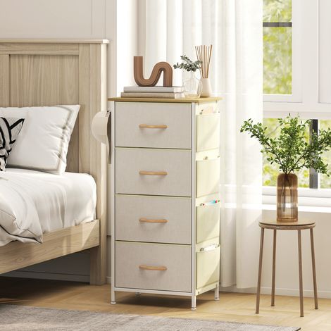 Commode 4 tiroirs en tissu. meuble de rangement avec 4 poches. 2 crochets. structure en acier. 45 x 30 x 94.5 cm. beige