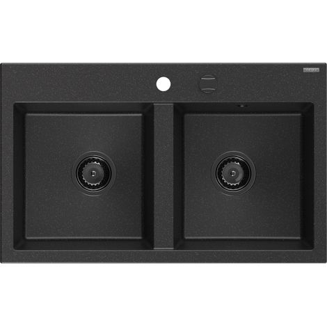Mexen Hektor évier en granit 2 bacs 800 x 480 mm, noir/argent métallique, siphon noir - 6521802000-73-B (1/5)