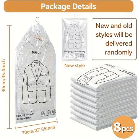 Lot de 8 sacs de rangement sous vide pour suspendre vêtements, costumes, vestes, optimisation de l'espace, idéal pour les voyages et l'organisation de votre garde-robe. Blanc transparent.-AquaForge (1/5)
