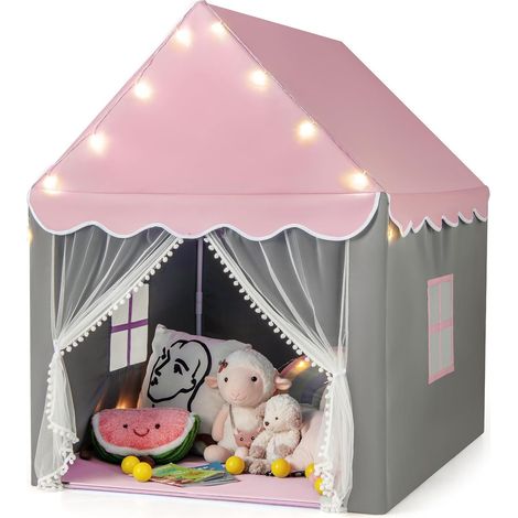 COSTWAY Tente de Jeux pour Enfants avec Lumières Étoiles & Tapis Lavable en Coton, Cabane Enfant Interieur avec Rideau & 2 Fenêtres, Château de Princesse Tente pour 4 Enfants, 104x122x135 cm (1/5)