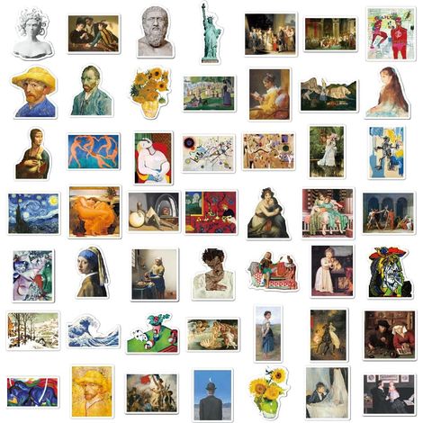 Autocollants de peinture à l'huile esthétiques 104 pièces  Peintures célèbres Mona Lisa Scrapbooking Stickers pour ordinateur portable, bagages, téléphone, planche à roulettes, vélo (1/4)