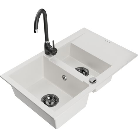 Mexen Gaspar évier en granit 1,5 bac avec égouttoir et mitigeur de cuisine Telma, blanc - 6507-20-670200-70 (1/5)