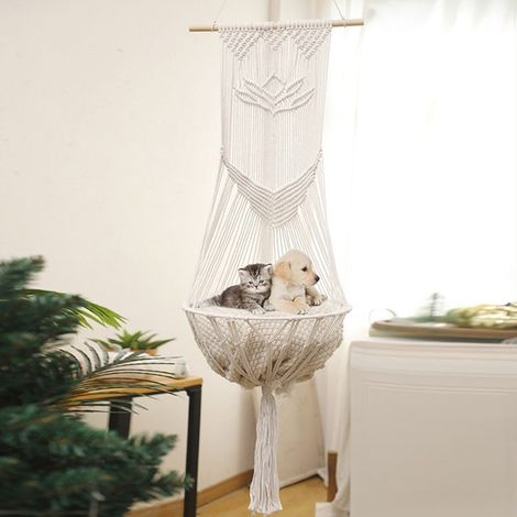 1 couleur : blanc cassé  matière : corde de coton  lit suspendu pour chat de style nordique, tressé à la main en corde de coton avec pompons.