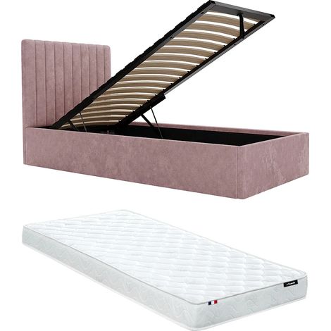 Letto con contenitore 90 x 190 cm con testata letto impunture verticali Tessuto Rosa + Materasso - SARAH (1/5)