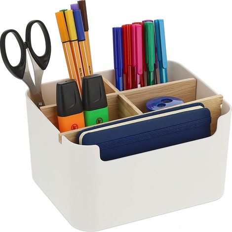 Boîte De Rangement Bureau - 5 Compartiments Détachables En Bois Et Plastique - 18,5 x 14 x 9,3 Cm - Pour Stylos Télécommandes Objets Électroniques - 1 Pièce (1/5)