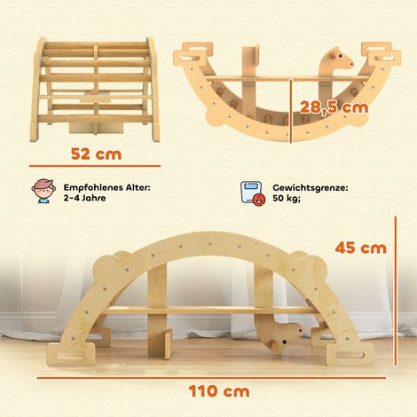 Arche d'escalade Montessori 2-en-1, structure de grimpe intérieure en bois naturel pour tout-petits 2-4 ans, dimensions 110x52x45 cm, jeu d'équilibre et motricité. (1/5)