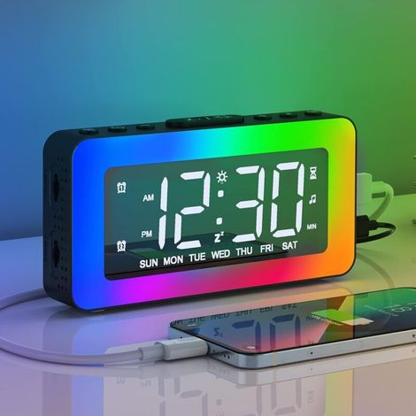 Digitaler Wecker mit 2 Alarmen, LED-Digital-Spiegeluhr mit 8 Lichtmodi, Schlummerfunktion, Einschlafhilfe und Timer (Schwarz) (1/4)